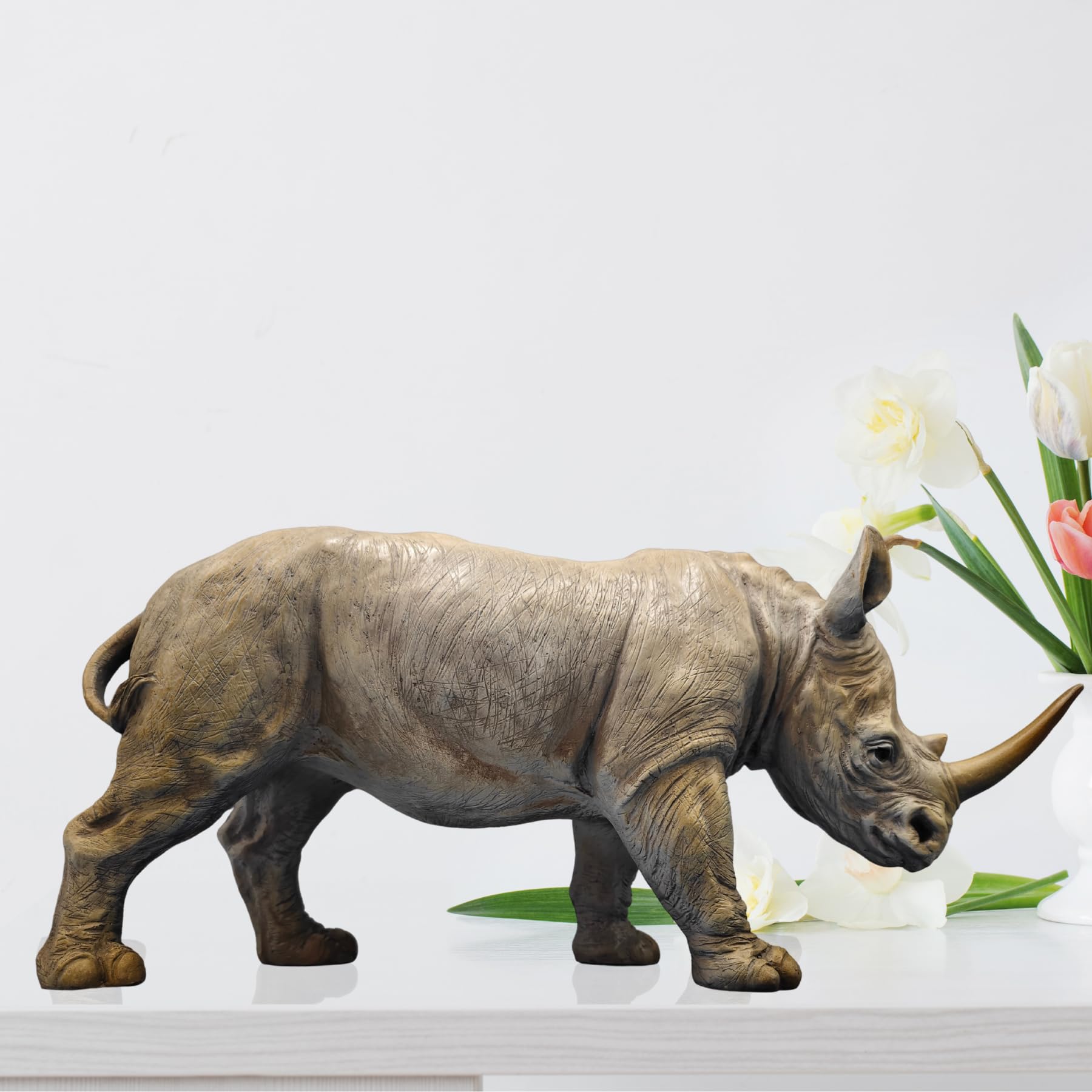 Bronze Rhinoceros Sculpture – 19.7" Realistic Handcrafted Rhino Statue, Solid Lost-Wax Cast Bronze Animal Figurine for Home, Office & Collector Display (Available in White & Gray)
