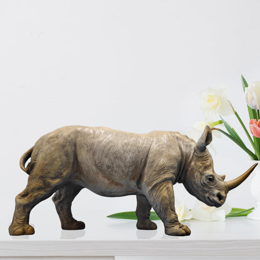 Bronze Rhinoceros Sculpture – 19.7" Realistic Handcrafted Rhino Statue, Solid Lost-Wax Cast Bronze Animal Figurine with Crate Packaging – Wildlife Art Décor for Office, Home, and Collectors