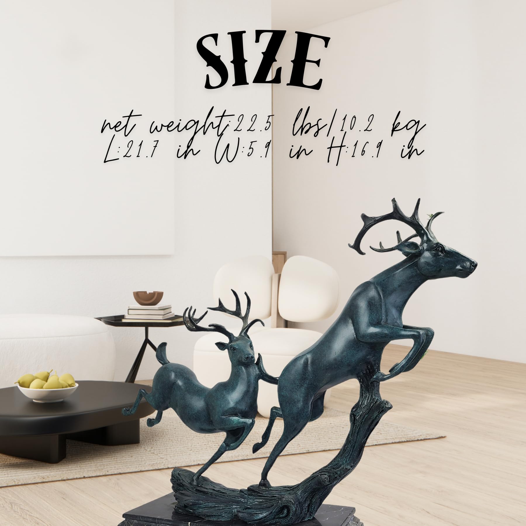 Bronze Deer Sculpture - Majestic Double Jumping Stags on Marble Base, Large Realistic Blue Bronze Elk Statue for Luxury Entryway Decor, Corporate Office, and Prestigious Gifts