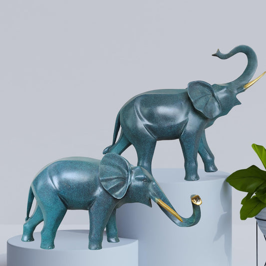 Blue Bronze Elephant Figurine * 2, Pure Brass Wildlife Statues and Sculptures Collectible Decorations, Symbols of Wealth and Luck Gifts