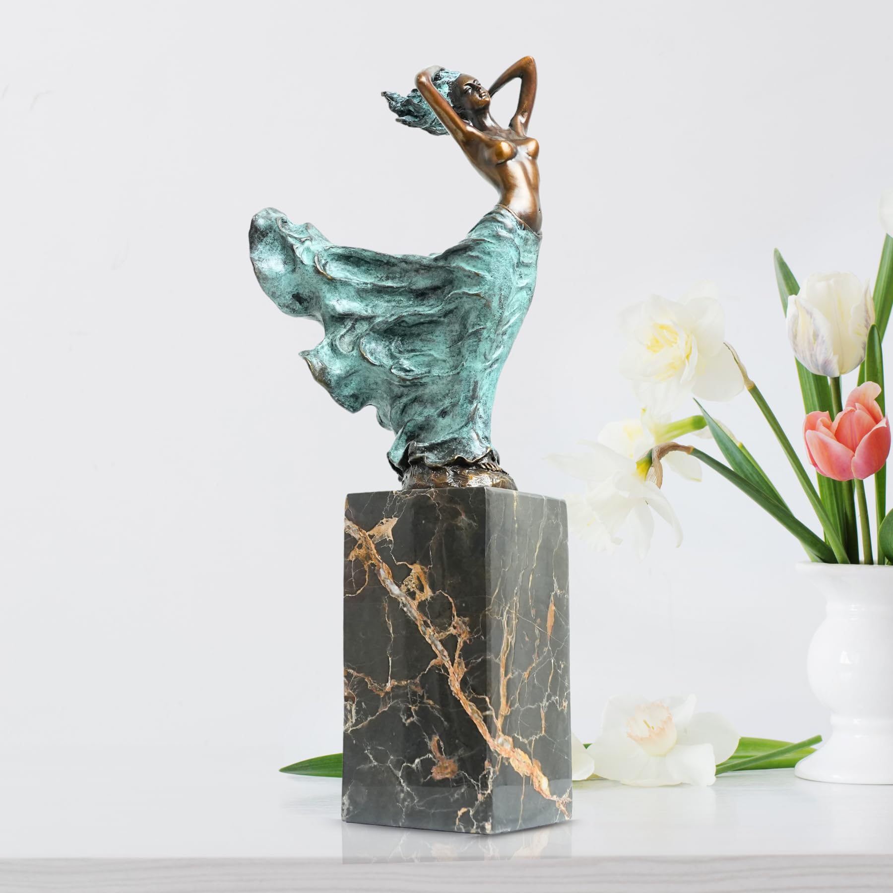 Bronze Nude Girl Sculpture on Natural Marble Base, Sexy Female Bronze Statue and Sculpture for Home Office Decor (4.7 * 3.2 * 12.2")