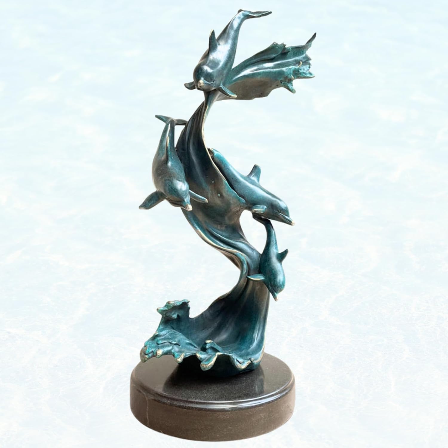 Bronze Dolphin Sculpture –18.5" Tall Handcrafted Solid Bronze Dolphin Décor Art Sculpture with Verdigris Patina | Ocean Wildlife Statue | Artistic Home Décor & Collectible Figurine