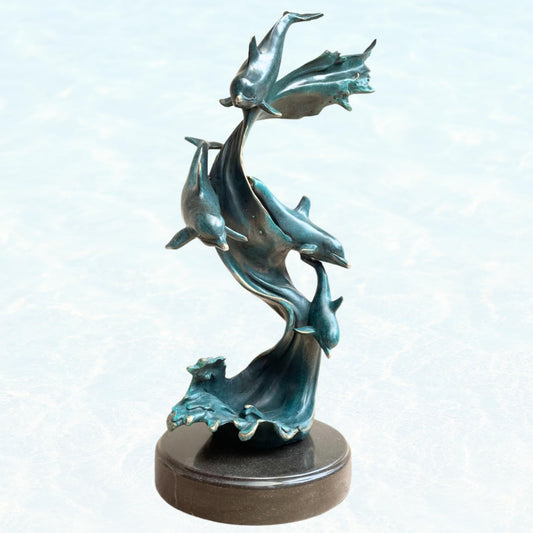 Bronze Dolphin Sculpture –18.5" Tall Handcrafted Solid Bronze Dolphin Décor Art Sculpture with Verdigris Patina | Ocean Wildlife Statue | Artistic Home Décor & Collectible Figurine