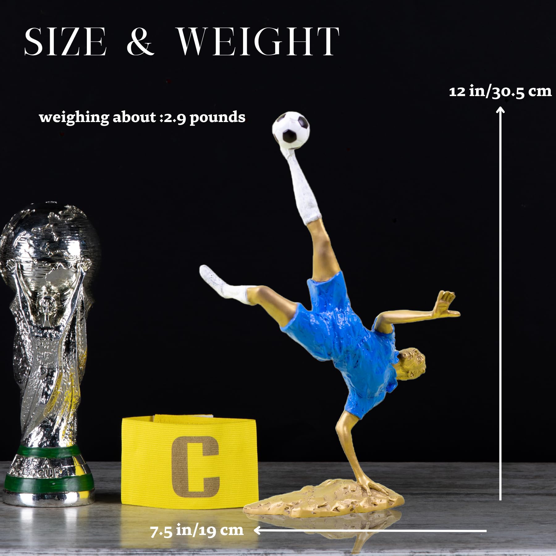 Gold & Azure Soccer Player Statue - 12" Messi-Inspired Bicycle Kick Sculpture - Overhead Kick Football Legend Figurine - Professional MVP Trophy & Luxury Sports Decor - 2.9lbs Handcrafted Masterpiece