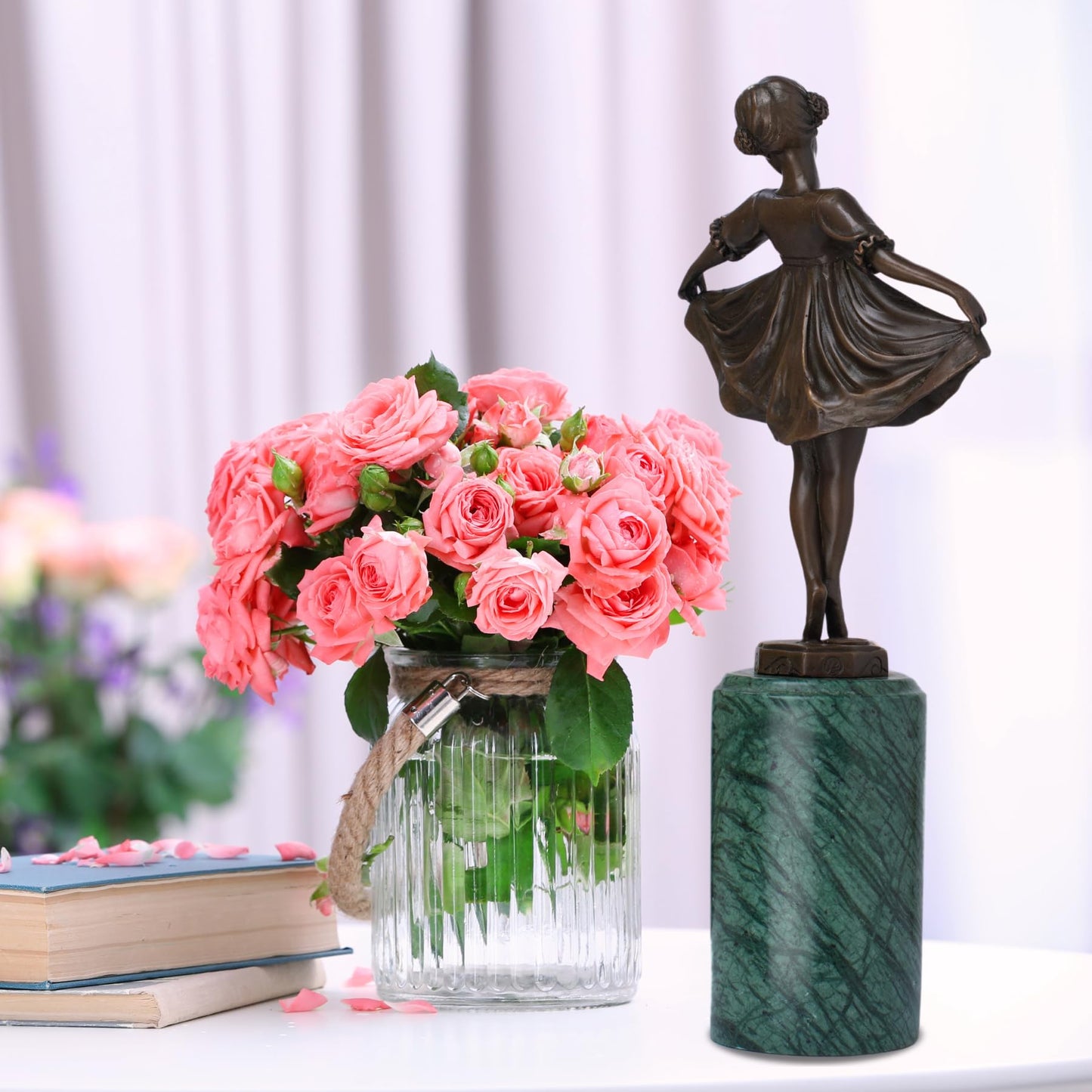 R REALONG 12.6 in Bronze Ballet Girl Statue with Green Marble Base – Vintage & Elegant Ballet Dancer Sculpture | Perfect for Home & Office Décor, Collectible Art, and Gift Choice
