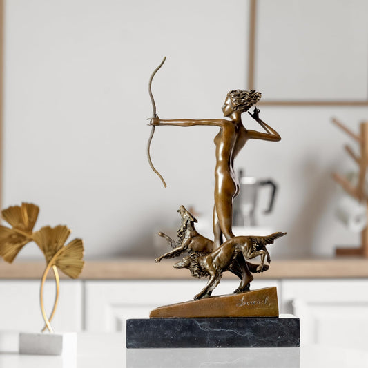 R REALONG Diana The Huntress Bronze Statue – 13'' Mythological Goddess with Hunting Dog on Marble Base – Classic Figurine for Gallery, Study, Bookcase, Luxury Gift
