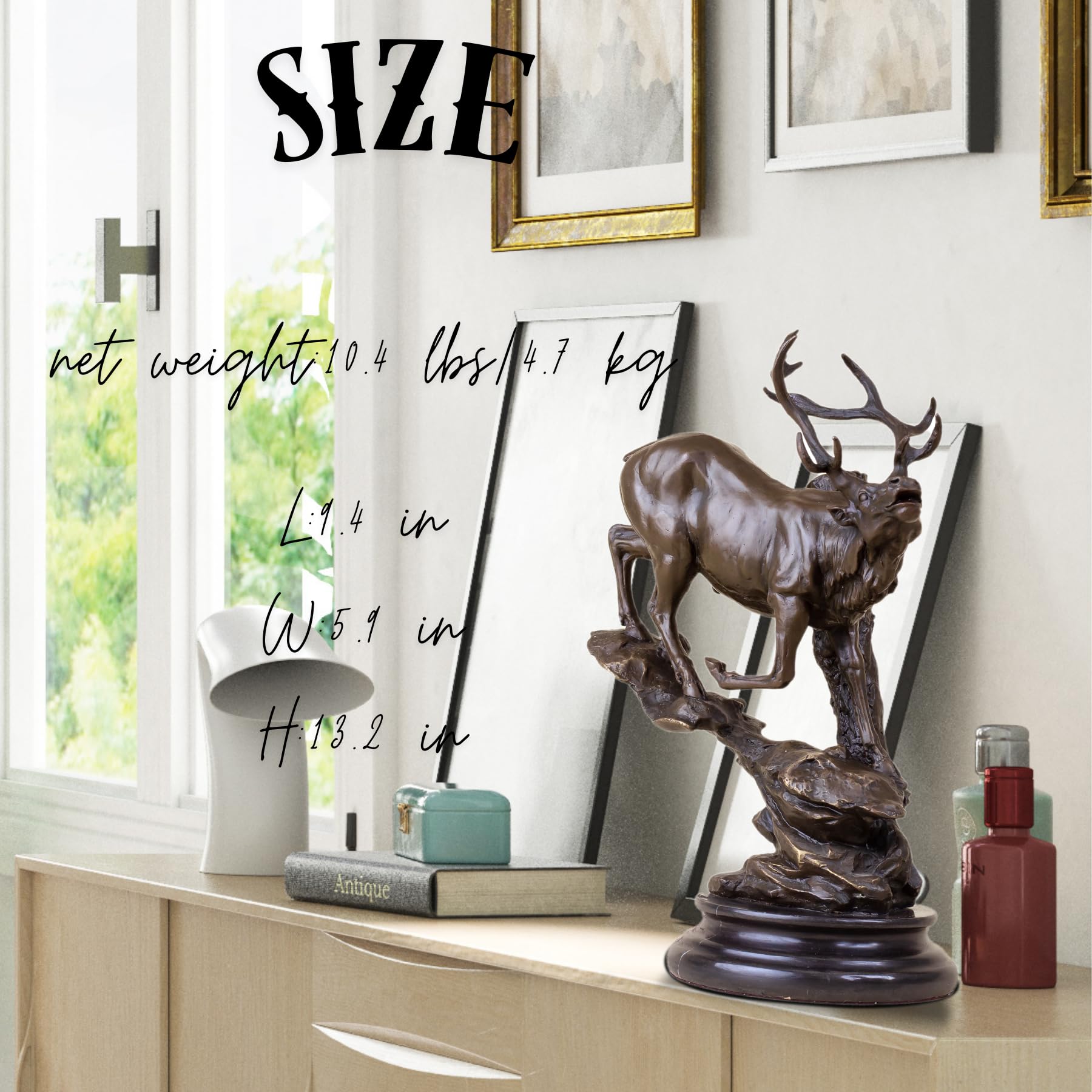 Bronze Deer Sculpture - Majestic Sika Stag on Marble Base, Realistic Antlered Elk Statue for Luxury Home Decor, Office Ornaments, and Executive Housewarming Gifts