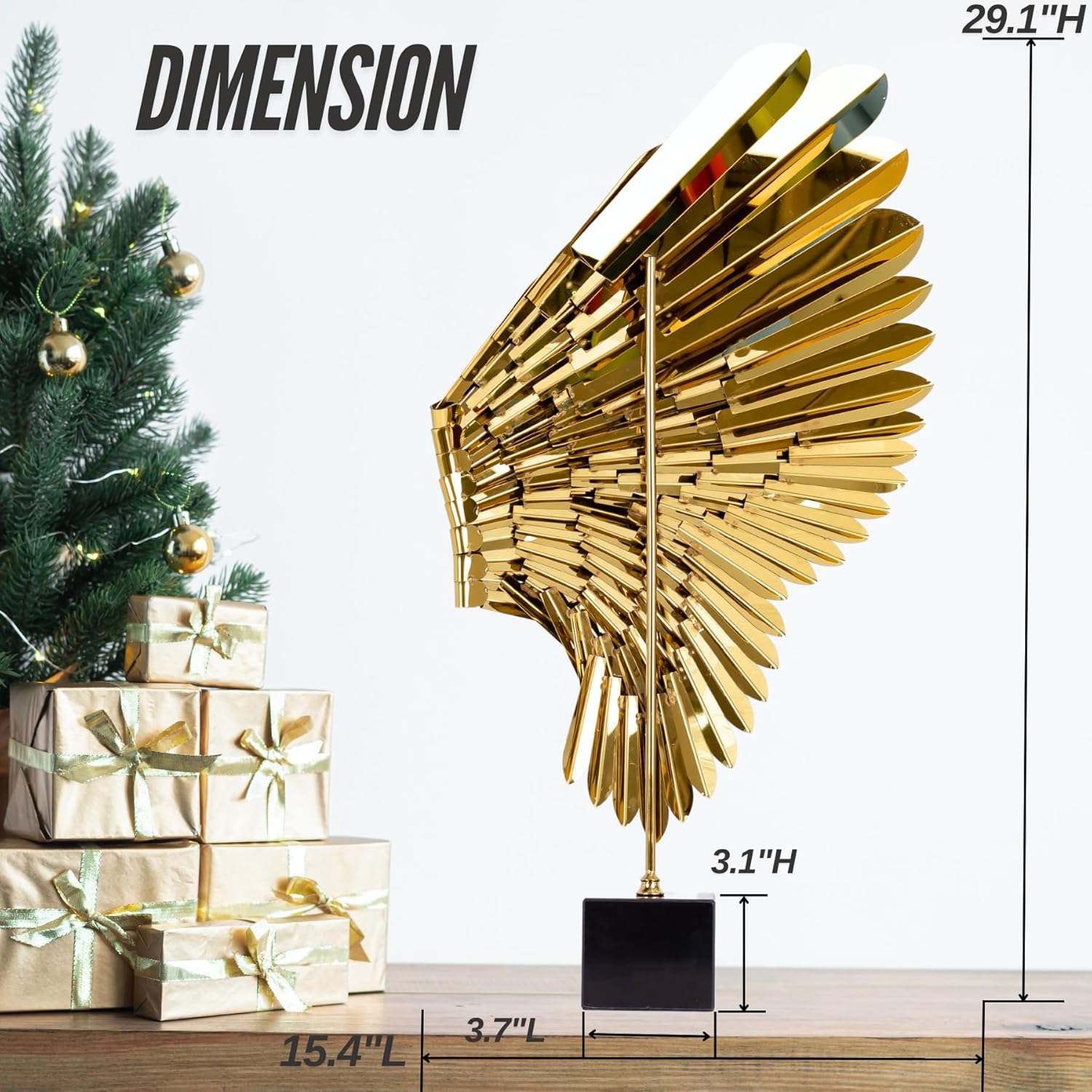 Metal Statue for Home Decor-Vintage Style Angel Wings Stainless Steel Sculpture with Marble Base, 30'' Artisanal Design & Handcrafted Metal Art Collection for Hotel,Gallery,Club