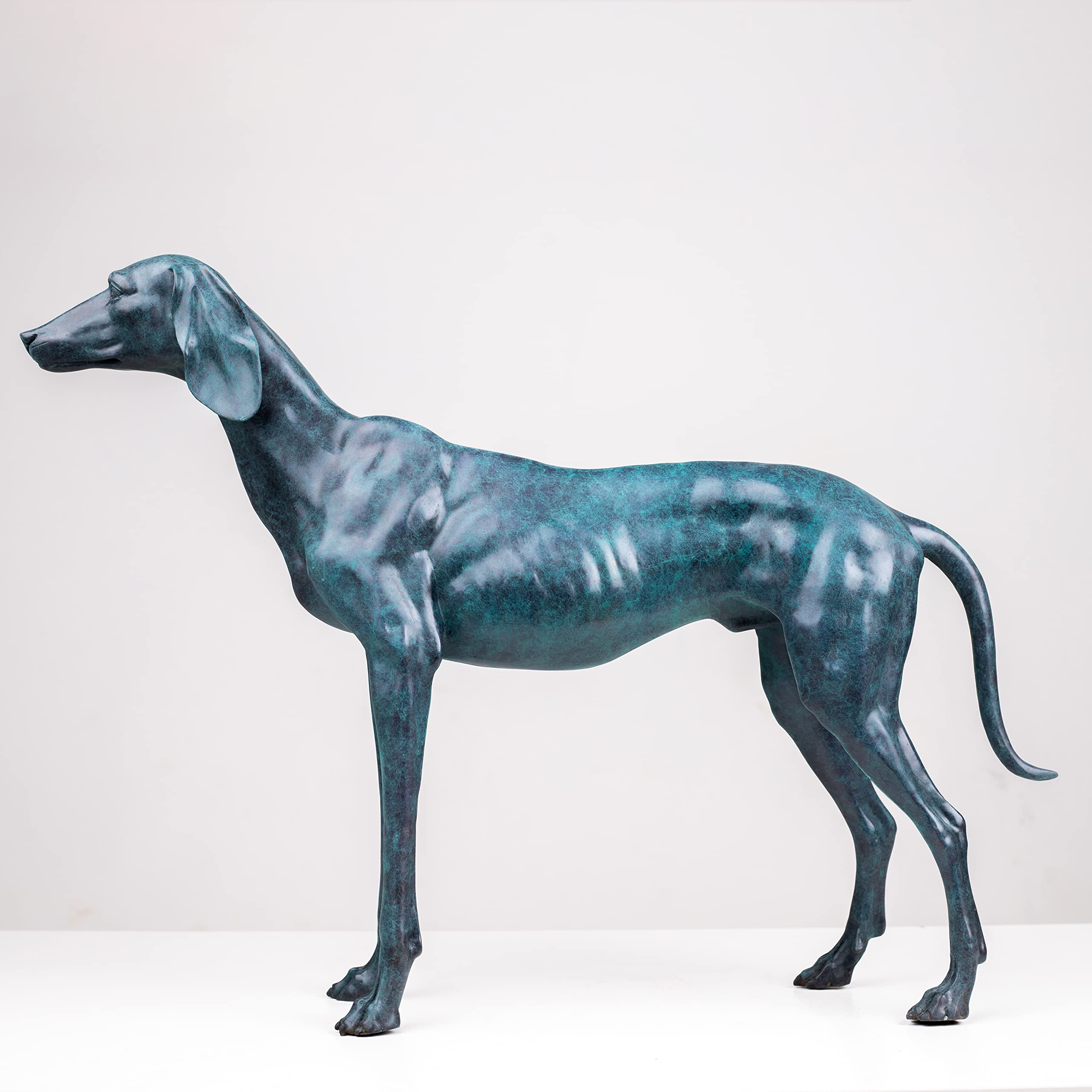 Premium Solid Bronze Greyhound Statue - 28" Handcrafted Lost-Wax Casting - Vigilant Life-like Greyhound Sculpture - Deep Turquoise Blue Patina - Heavyweight 26lbs Pure Bronze Art - Luxury Modern Home Office Centerpiece