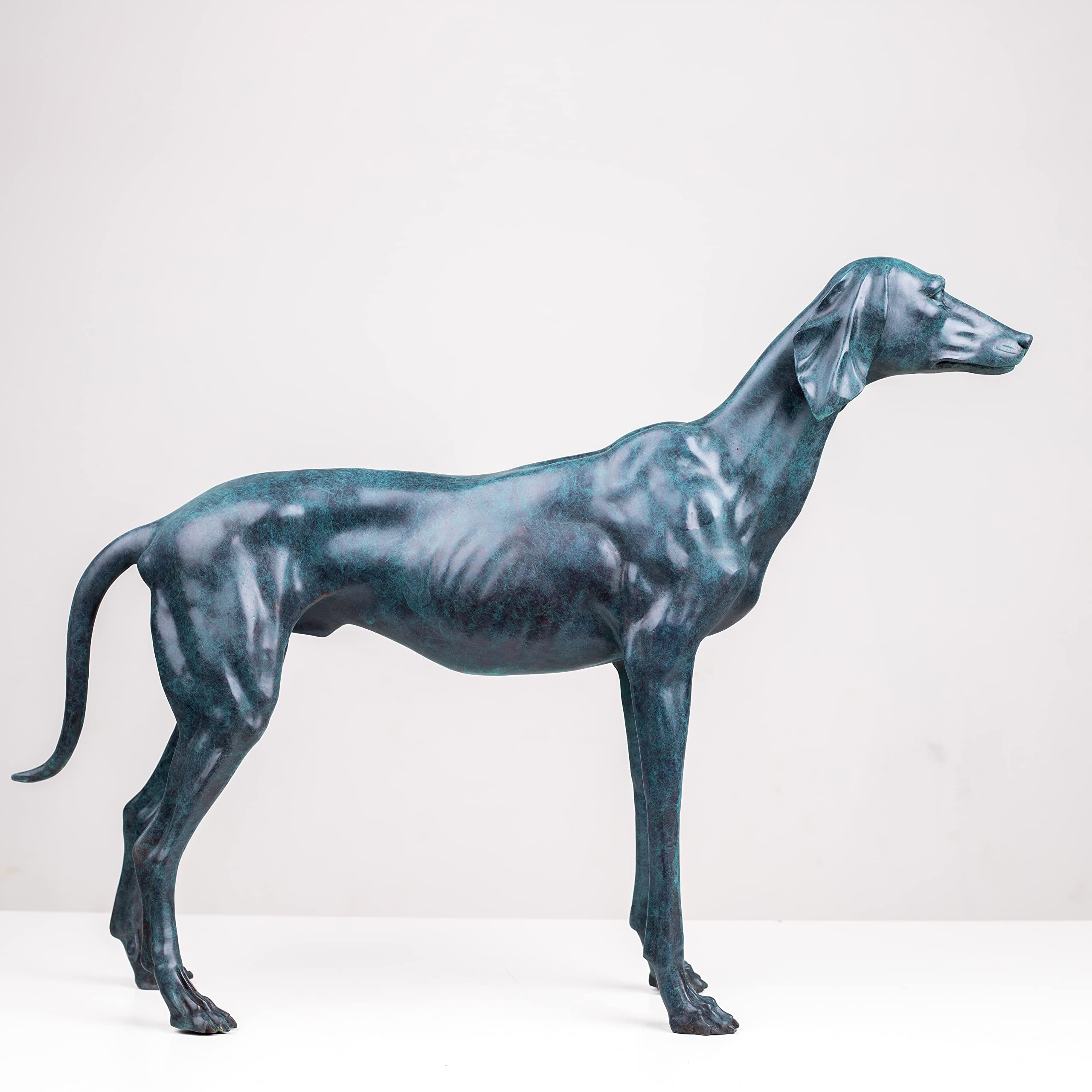 Premium Solid Bronze Greyhound Statue - 28" Handcrafted Lost-Wax Casting - Vigilant Life-like Greyhound Sculpture - Deep Turquoise Blue Patina - Heavyweight 26lbs Pure Bronze Art - Luxury Modern Home Office Centerpiece