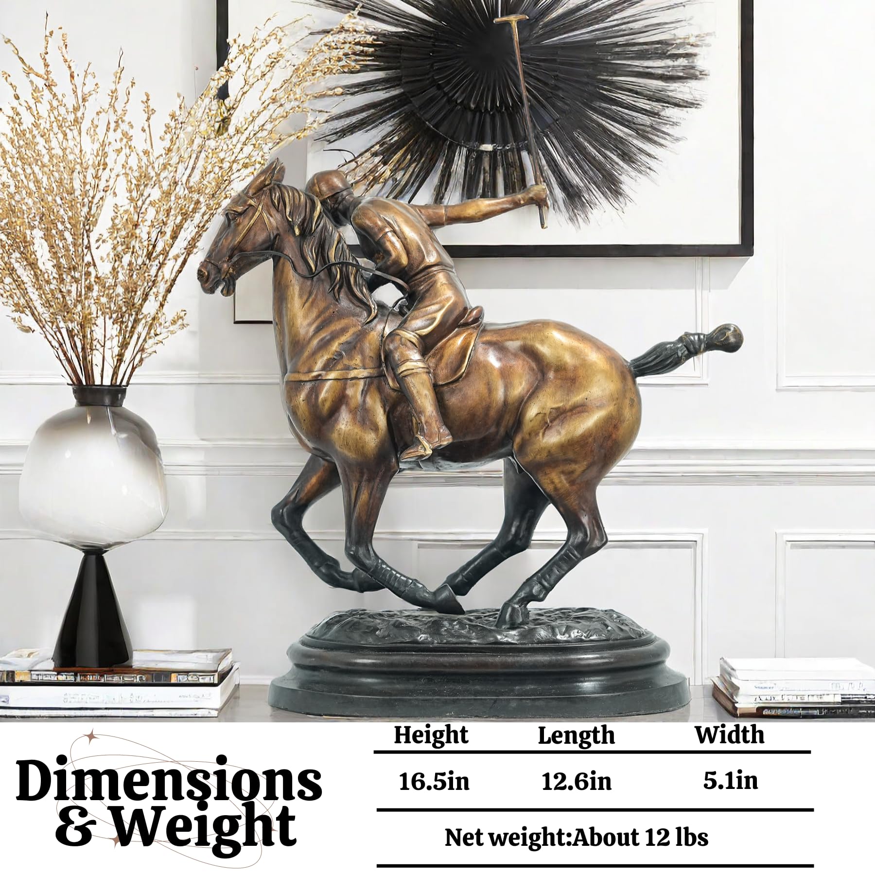 Professional "Polo Pro" Bronze Player & Pony Statue - 16.5" High-Action Equestrian Sculpture with Detachable Mallet - Premium Bronze Sports Art for Executive Desks, Library Shelves & Luxury Trophy Collections