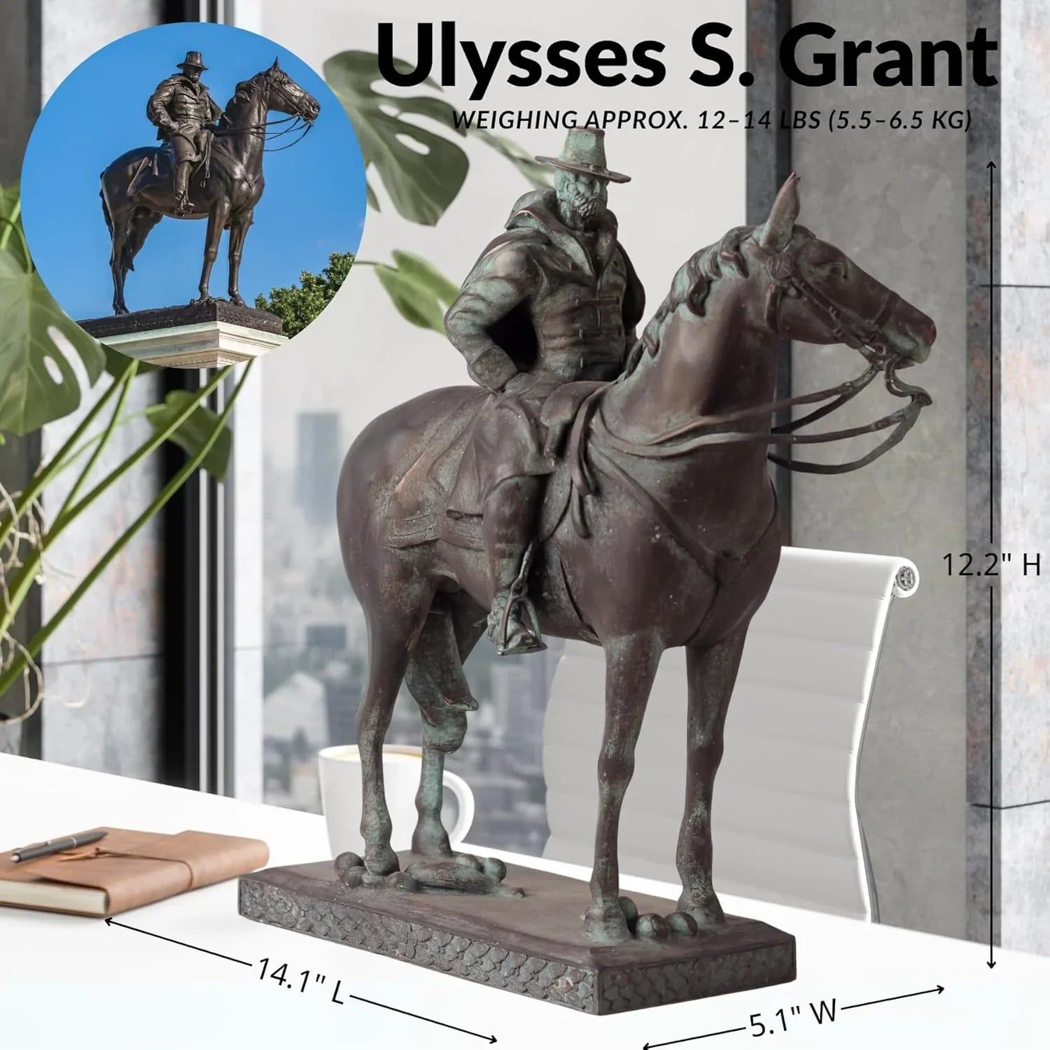 Ulysses S. Grant Equestrian Statue – Bronze Replica of Civil War General on Horseback, Lost-Wax Cast, 12.2" Tall Collectible Military Art, Office Desk Decor