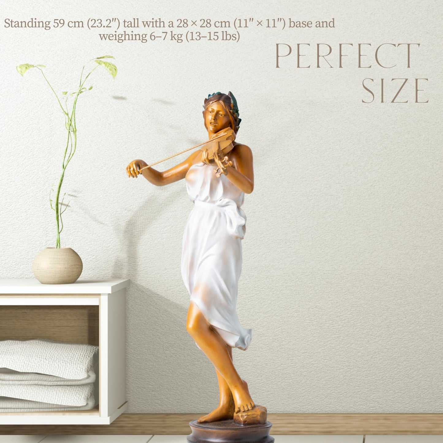 Luo Li-Rong Style Bronze Violinist Sculpture – 23.2″ Tall Elegant Lady Playing Violin in Flowing Dress, Solid Lost-Wax Bronze Statue for Home, Garden, or Art Gift