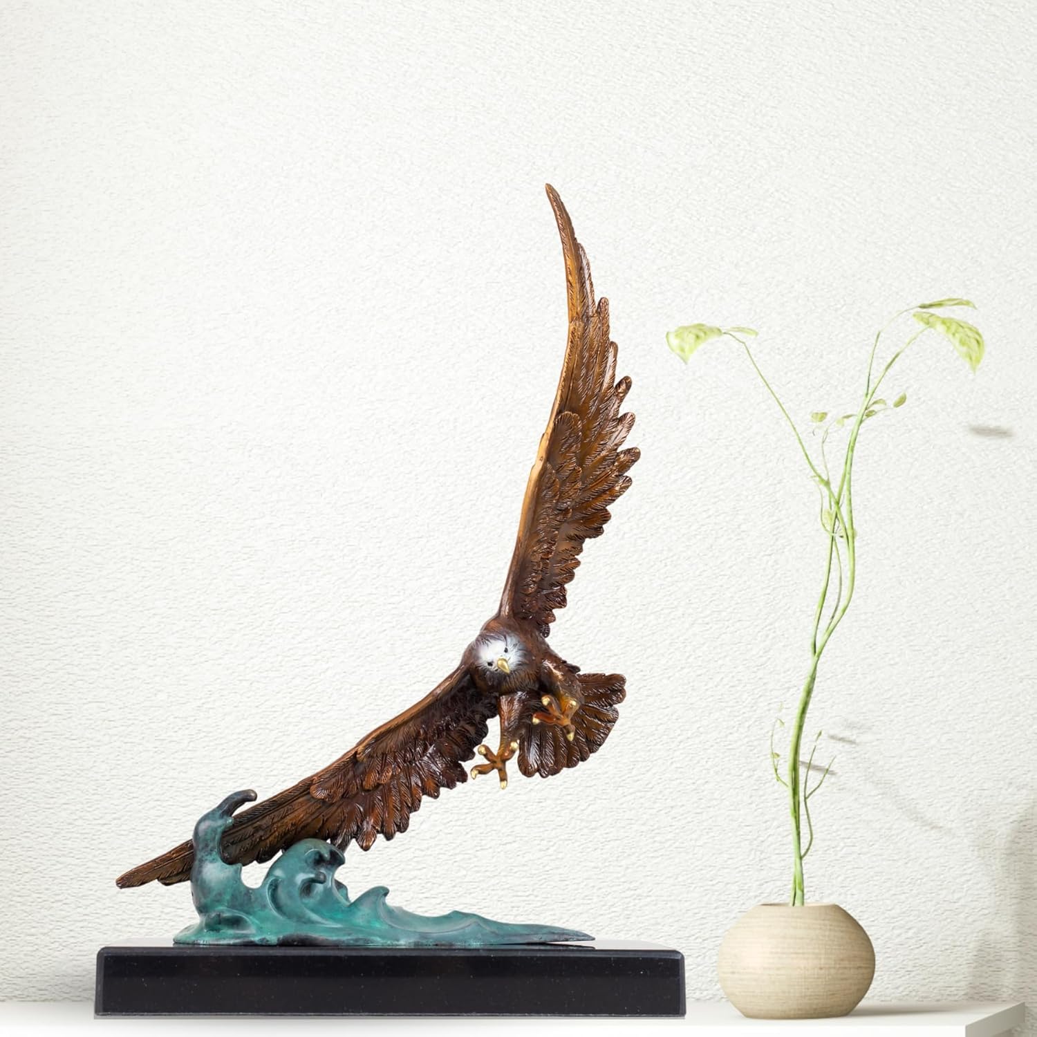 Bronze Eagle Sculpture on Marble Base – 15.2'' Handcrafted Bald Eagle Diving Over Waves – Lost-Wax Cast Bronze Art Statue for Office, Home Decor, Collection & Gift