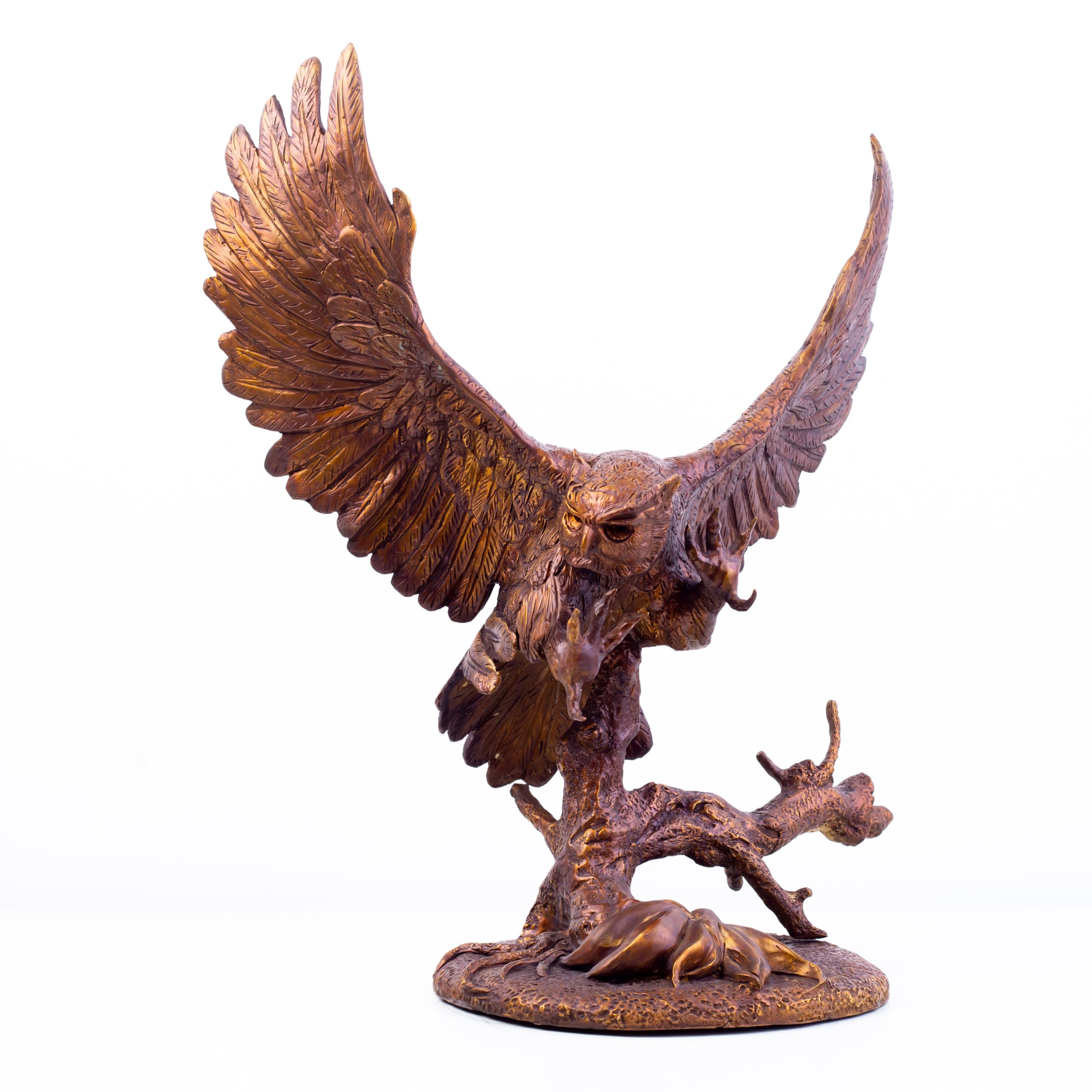 Bronze Owl Flying Over Branches Statue, Elegant Bird of Prey Figurine 20.9"-24.4" Pure Bronze Handmade Casting, Bronze Animal Sculpture for Home Office Decor & Gift Idea (Brass Patina Color)