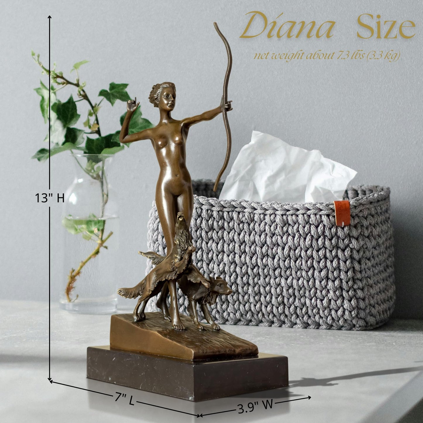 R REALONG Diana The Huntress Bronze Statue – 13'' Mythological Goddess with Hunting Dog on Marble Base – Classic Figurine for Gallery, Study, Bookcase, Luxury Gift