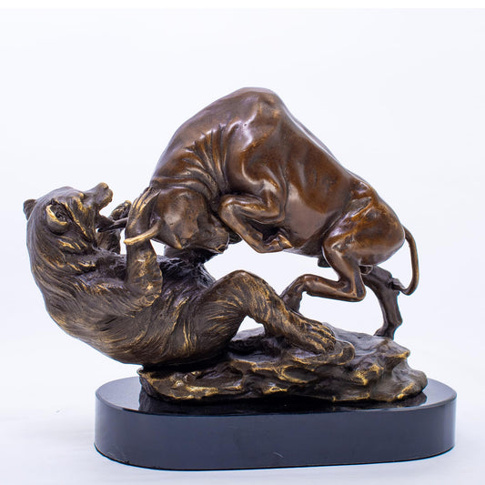 Bronze Wall Street Bull and Bear Statue and Sculpture,Financial Market Battle Statue Brass Charging Bull Gift for Home&Office Decor with Natural Marble Base.