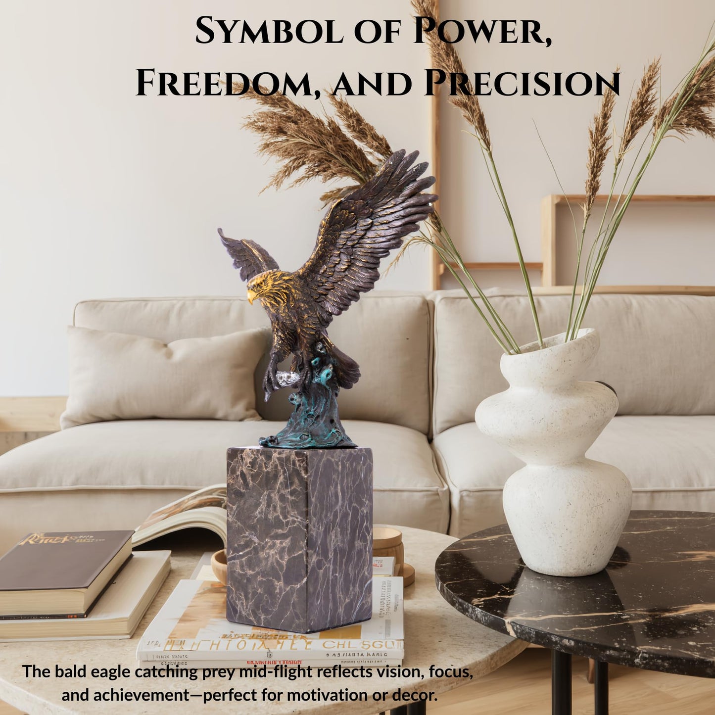 13.8 in-Bronze Swooping Eagle Catching Fish Sculpture – American Bald Eagle Statue with Marble Base, Wildlife Bronze Figurine for Home Decor, Office, Gallery, Gifts and Collectors