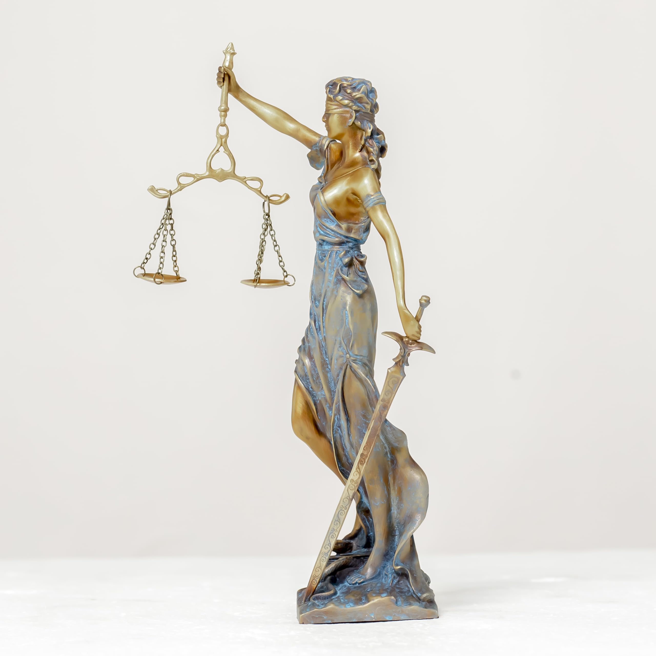 Gradient Blue Lady Justice Themis statue side full body view on white background showing robe and base detail