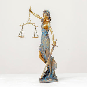 Gradient Blue Lady Justice Themis statue side full body view on white background showing robe and base detail