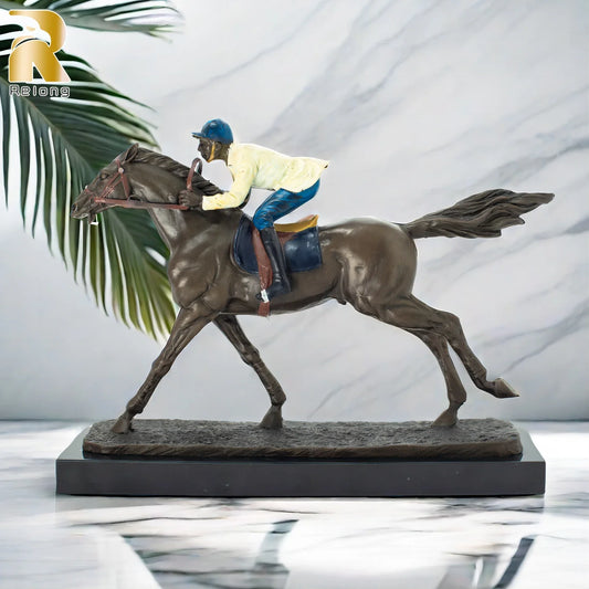 30cm Bronze Jockey Ridding Horse Sculpture Racing Equine Horse Statue With Marble Base For Home Indoor Decoration Ornament Gifts