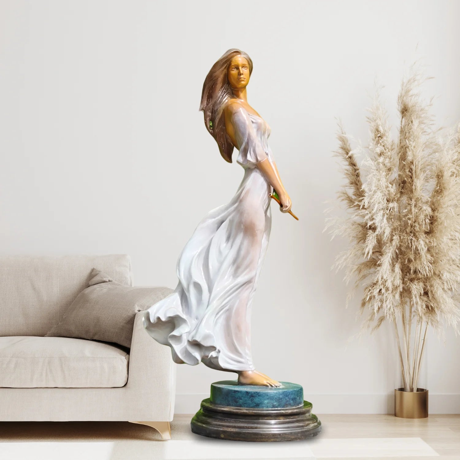 Luo Li Rong Style Bronze Lady Sculpture – Elegant Female Figure Statue with Marble Base, 27" Classical Art Decor