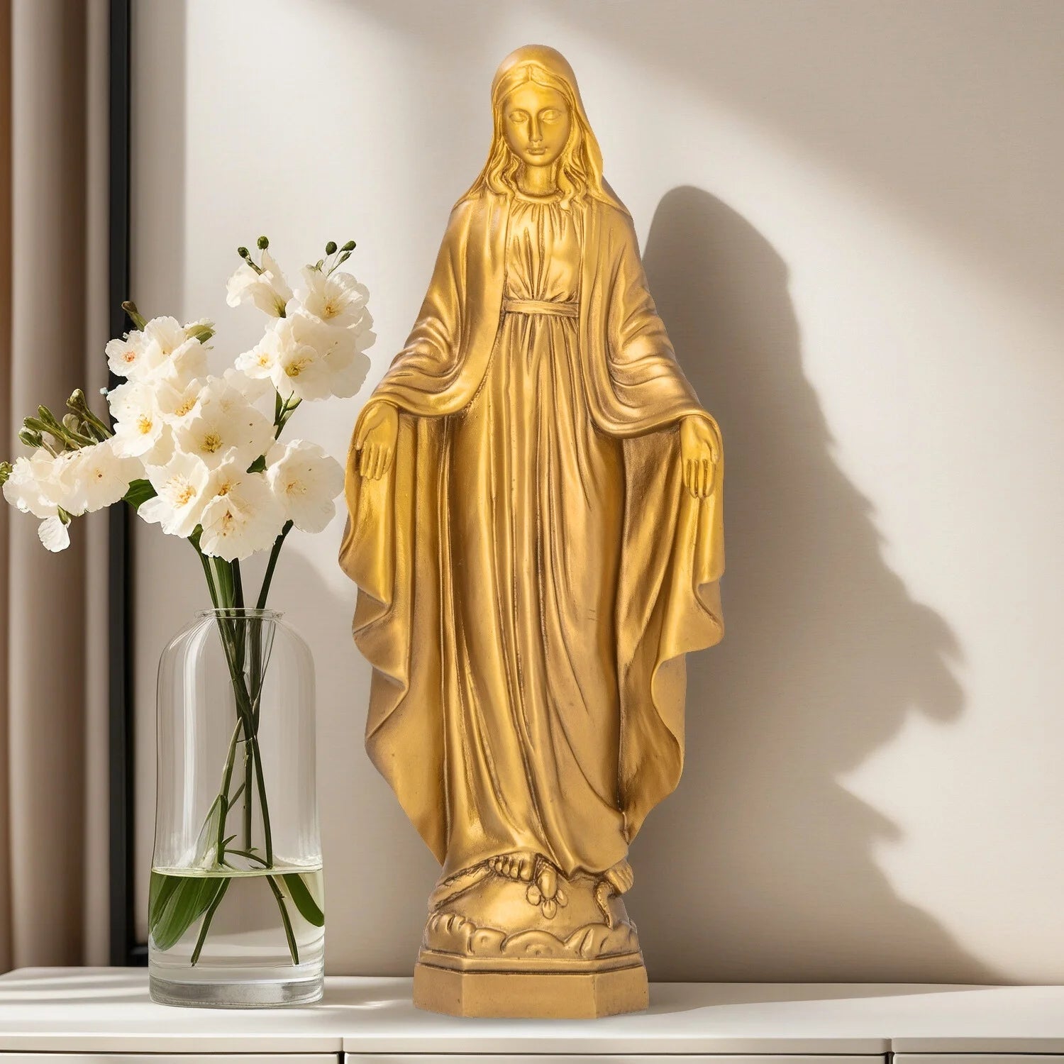 27cm Golden Virgin Mary Bronze Statue Our Lady oof Virgin Mary Bronze Blessed Mother Religious Sculpture for Home Church Decorat