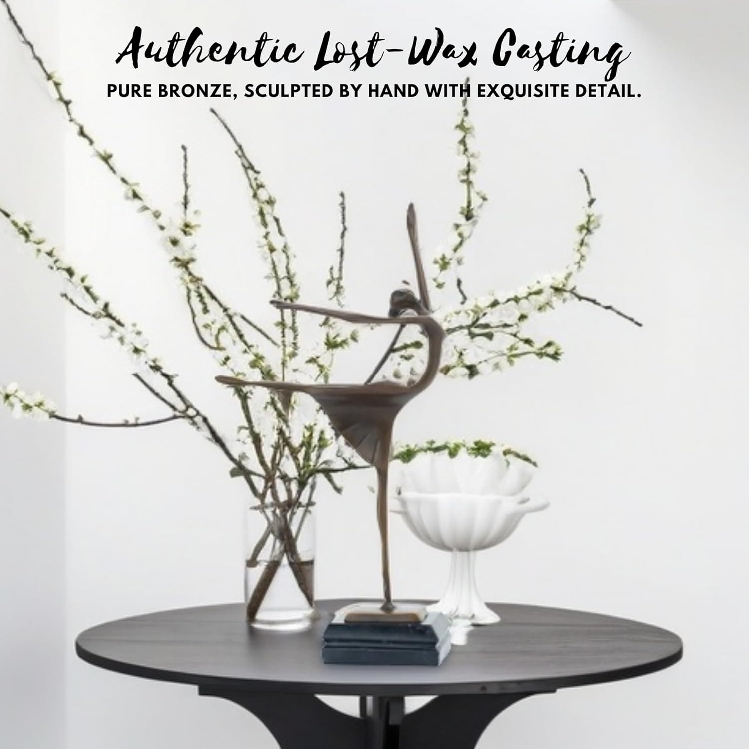 Abstract bronze ballerina sculpture showcasing authentic lost-wax casting craftsmanship with plant decor