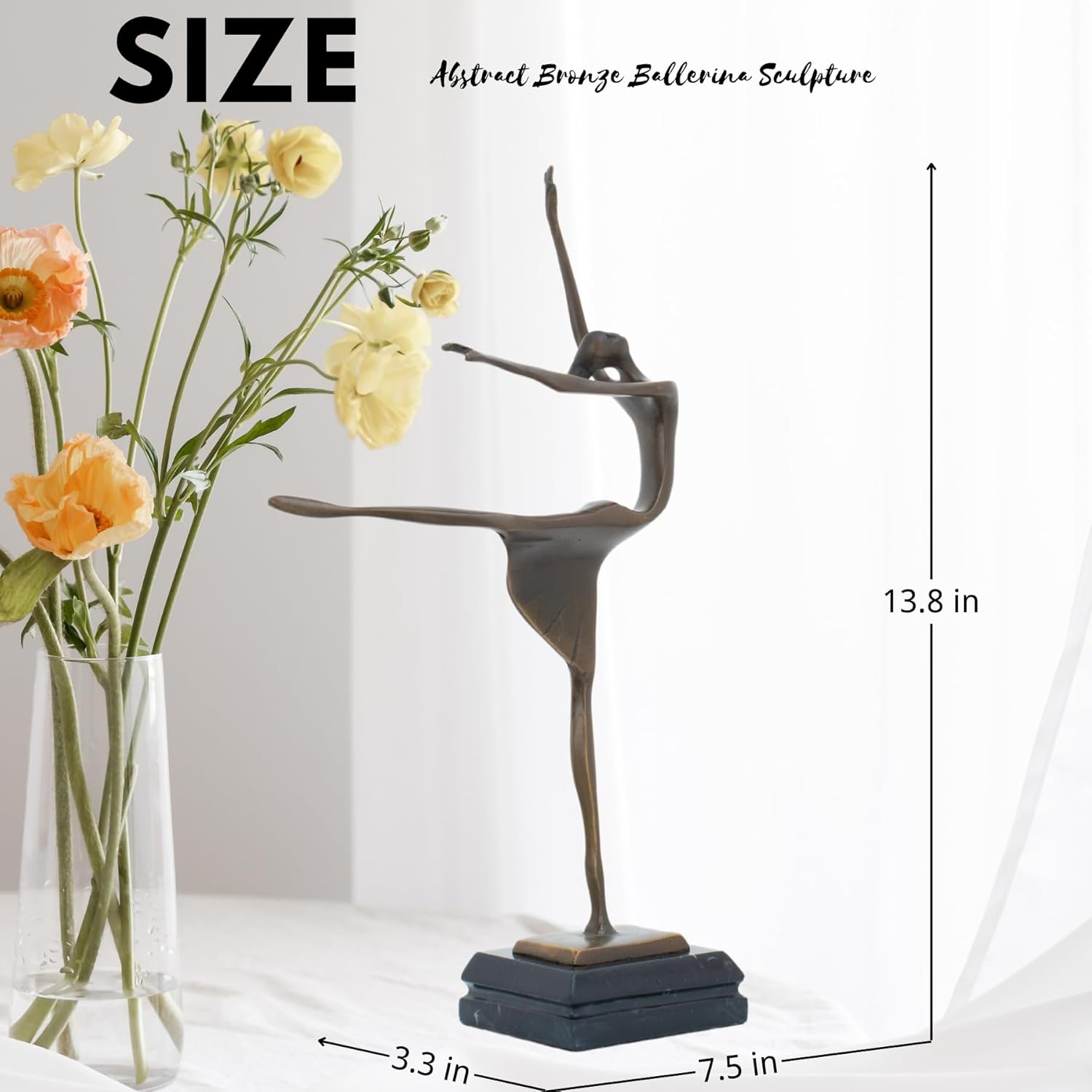Abstract bronze ballerina sculpture size reference chart showing 13.8 inch height measurements