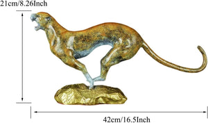 Abstract bronze cheetah sculpture side view with size dimension reference showing 16.5 x 4.6 inch
