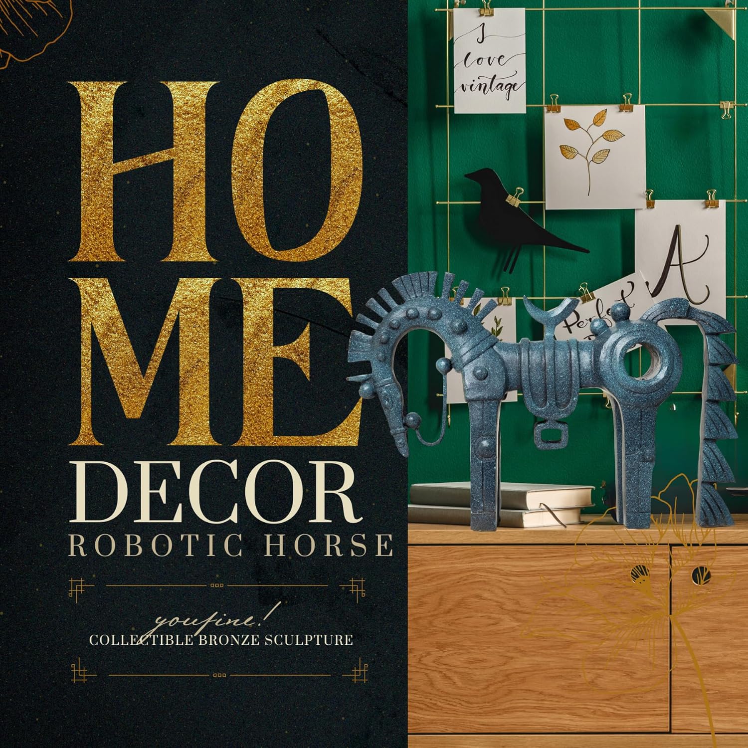 Abstract geometric bronze horse sculpture as home decor displayed near plant and storage cabinet