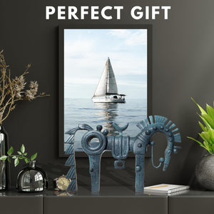 Abstract geometric bronze horse sculpture presented as perfect gift with sailboat artwork background