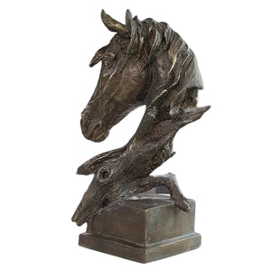 Back view of abstract horse head bronze sculpture in gray finish showing detailed mane sculpting