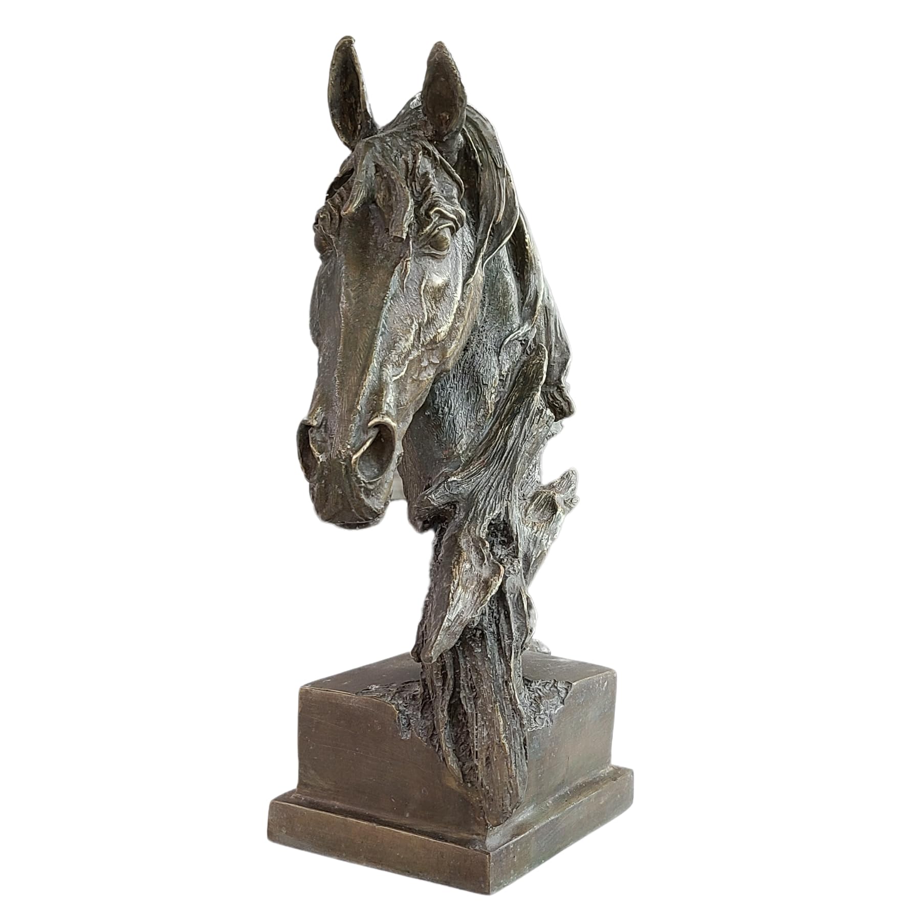 Abstract horse head bronze sculpture gray finish horse's head decor feature card beside white bust sculptures