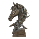 Abstract horse head bronze sculpture in gray finish front view on white background, equestrian bust