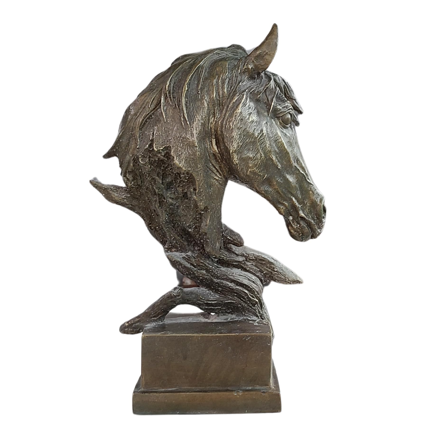 Abstract horse head bronze sculpture in gray finish left side view showing detailed bust and base