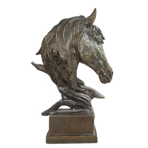 Abstract horse head bronze sculpture in gray finish left side view showing detailed bust and base