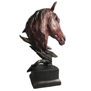 Abstract horse head bronze sculpture in red finish front three-quarter view displaying bust detail