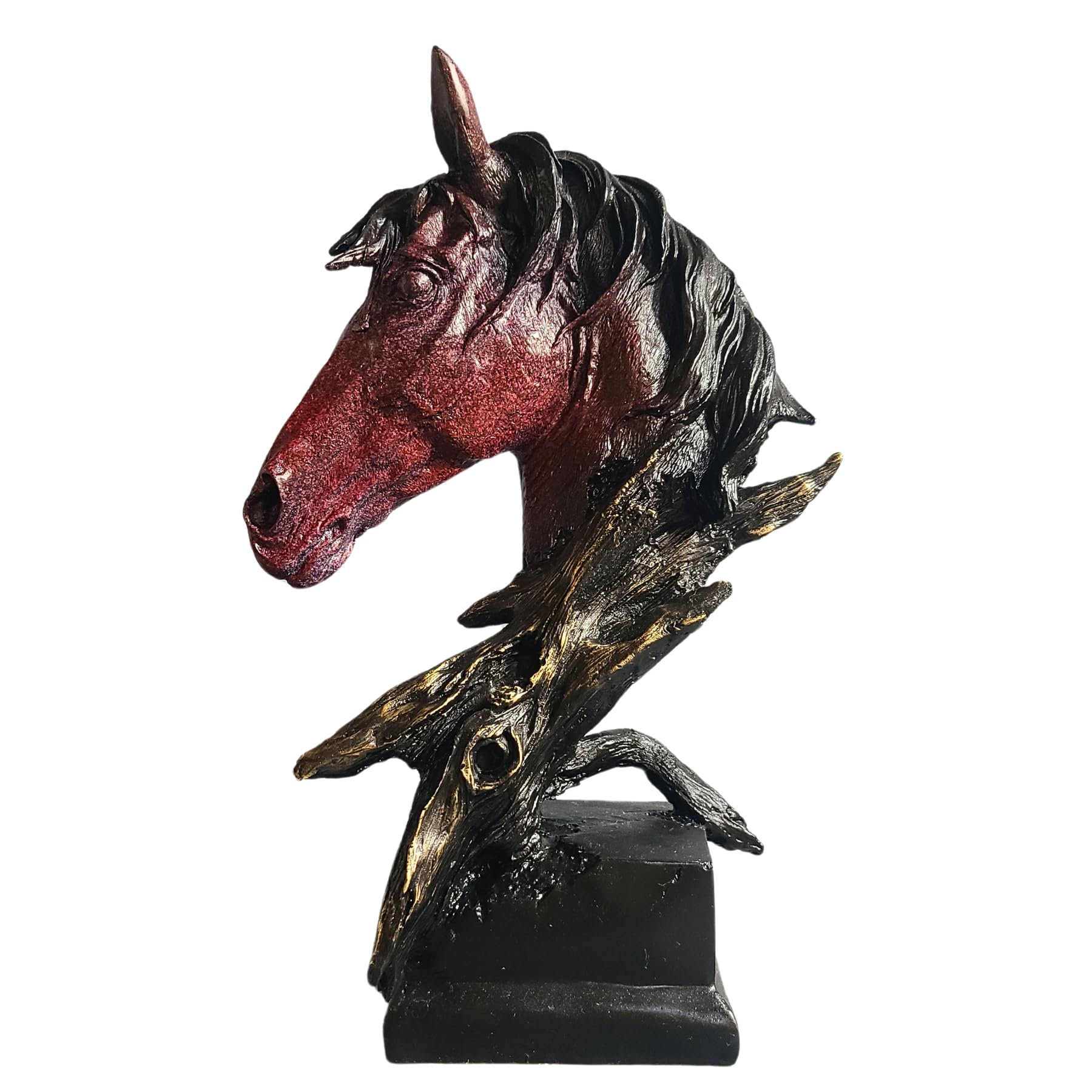 Abstract horse head bronze sculpture in red finish front view on white background with marble base