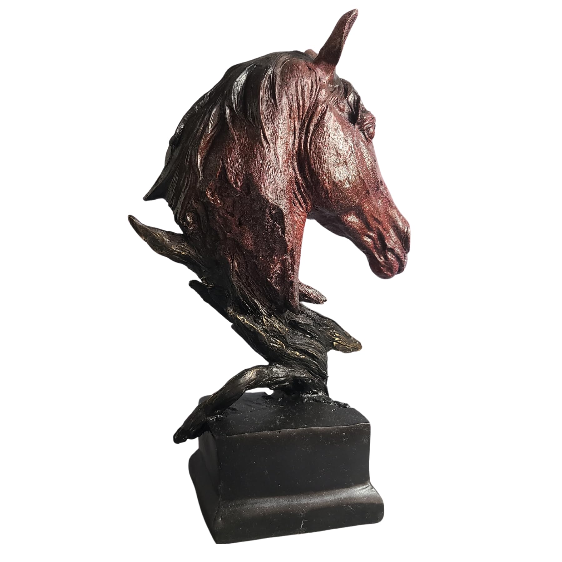 Abstract horse head bronze sculpture in red finish left three-quarter angle view on marble base