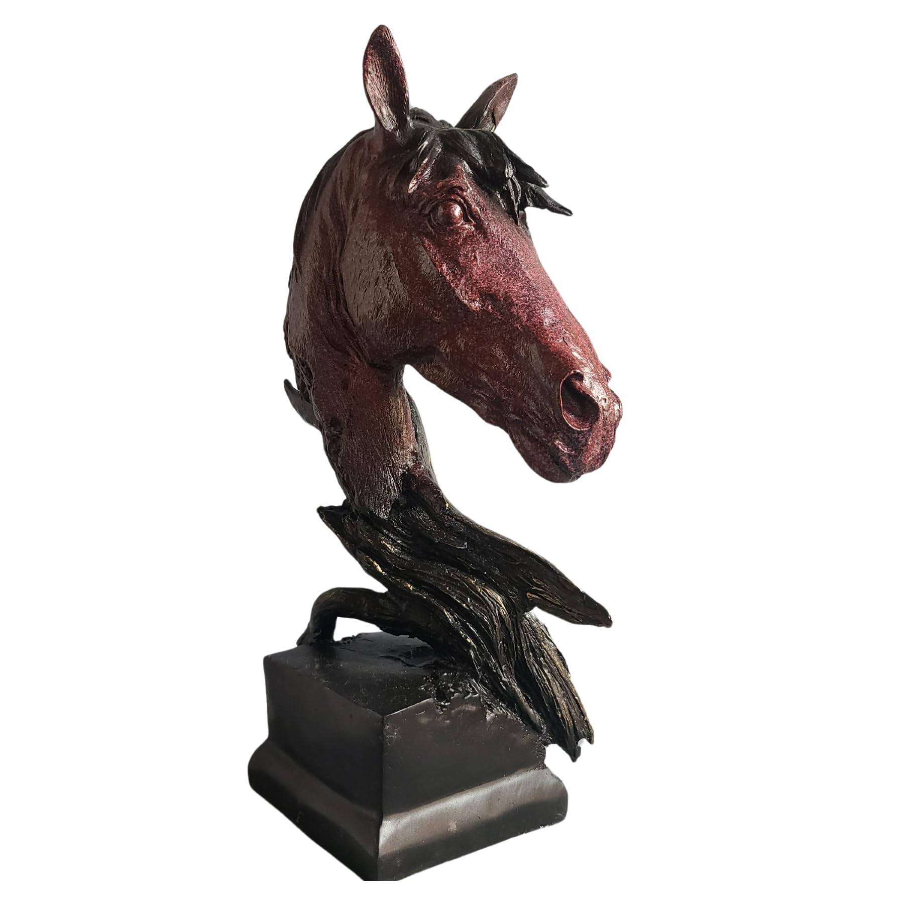 Abstract horse head bronze sculpture in red finish right three-quarter angle view showing mane detail