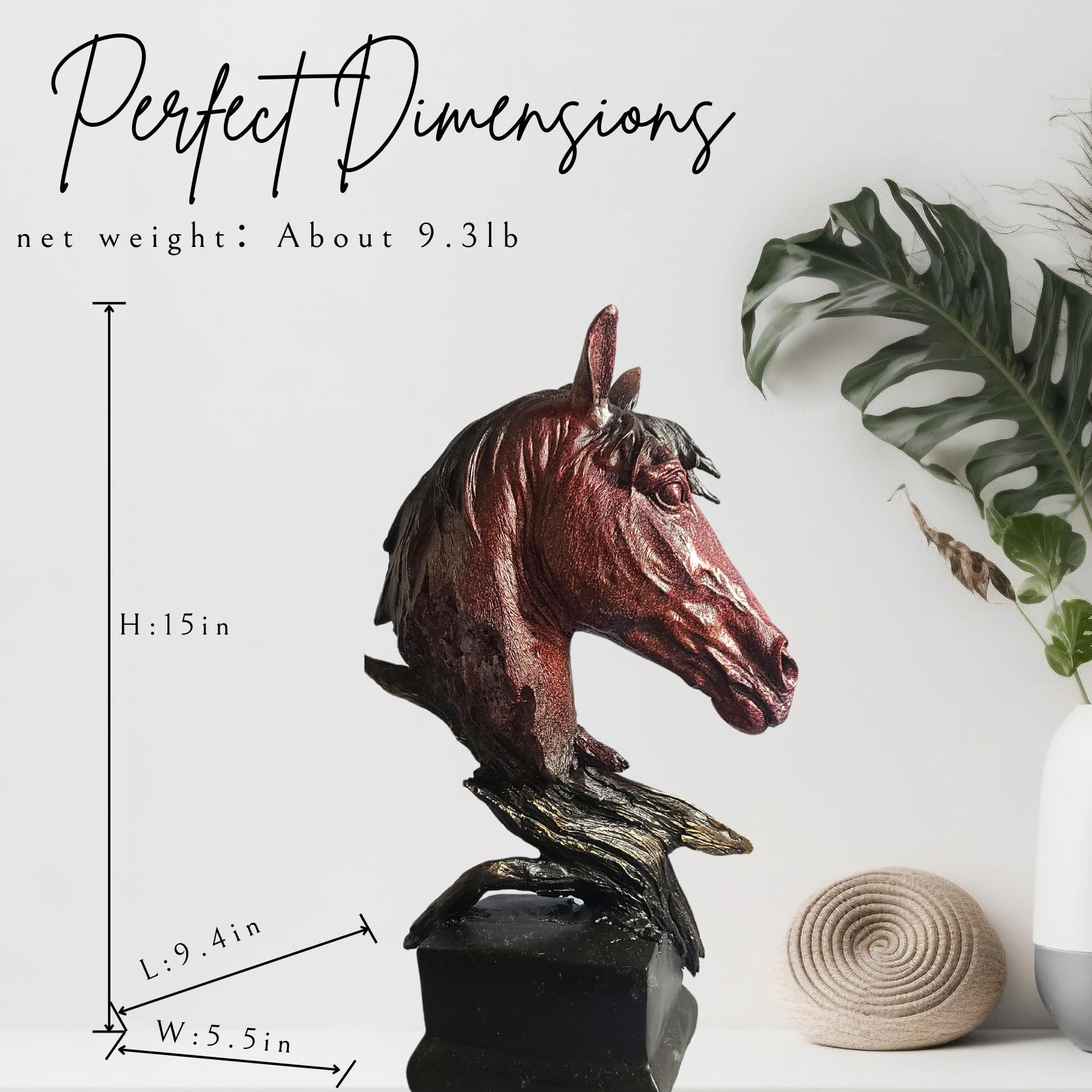 Abstract horse head bronze sculpture perfect dimensions chart showing height and base measurements