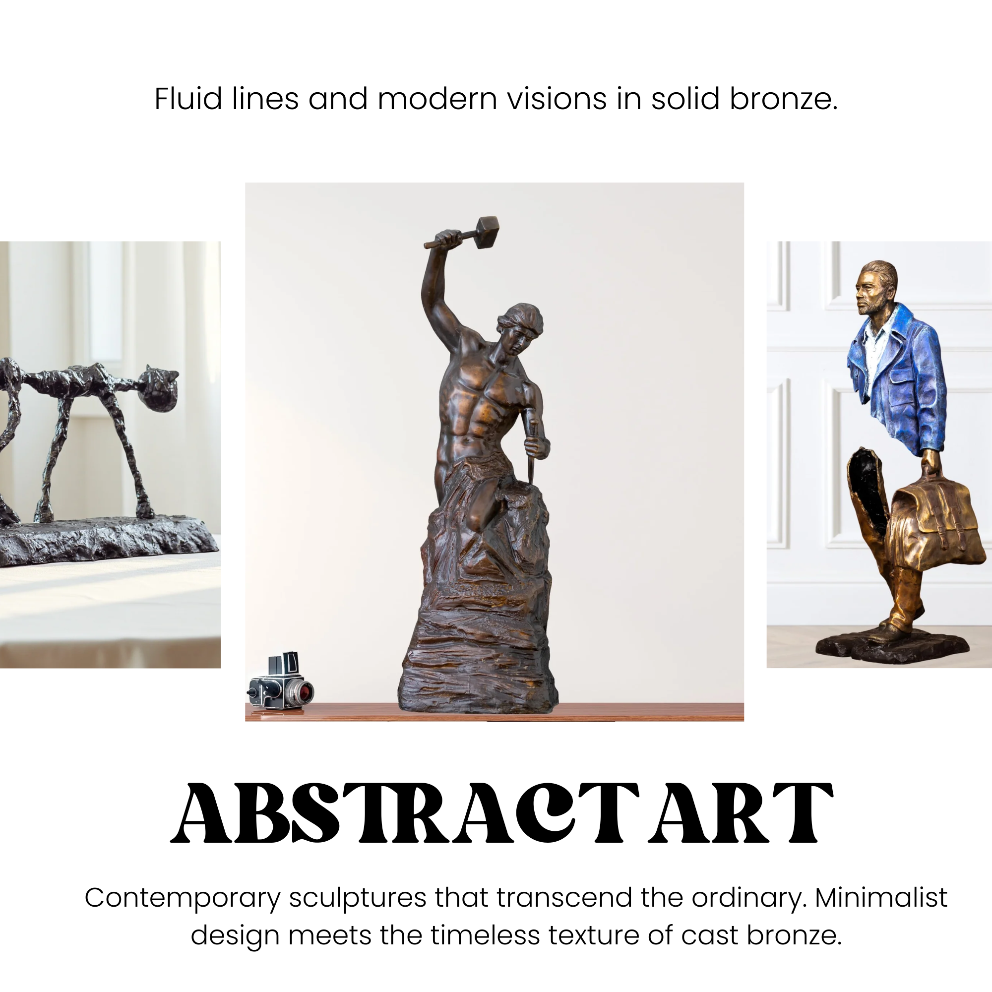 Contemporary abstract bronze art collection including a male figure with a hammer and creative modern silhouettes.