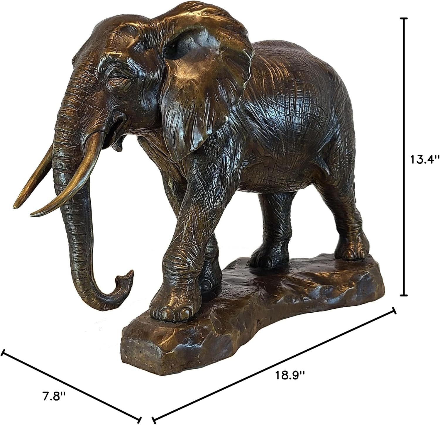 African elephant bronze statue size chart showing height, length, and width dimension specifications
