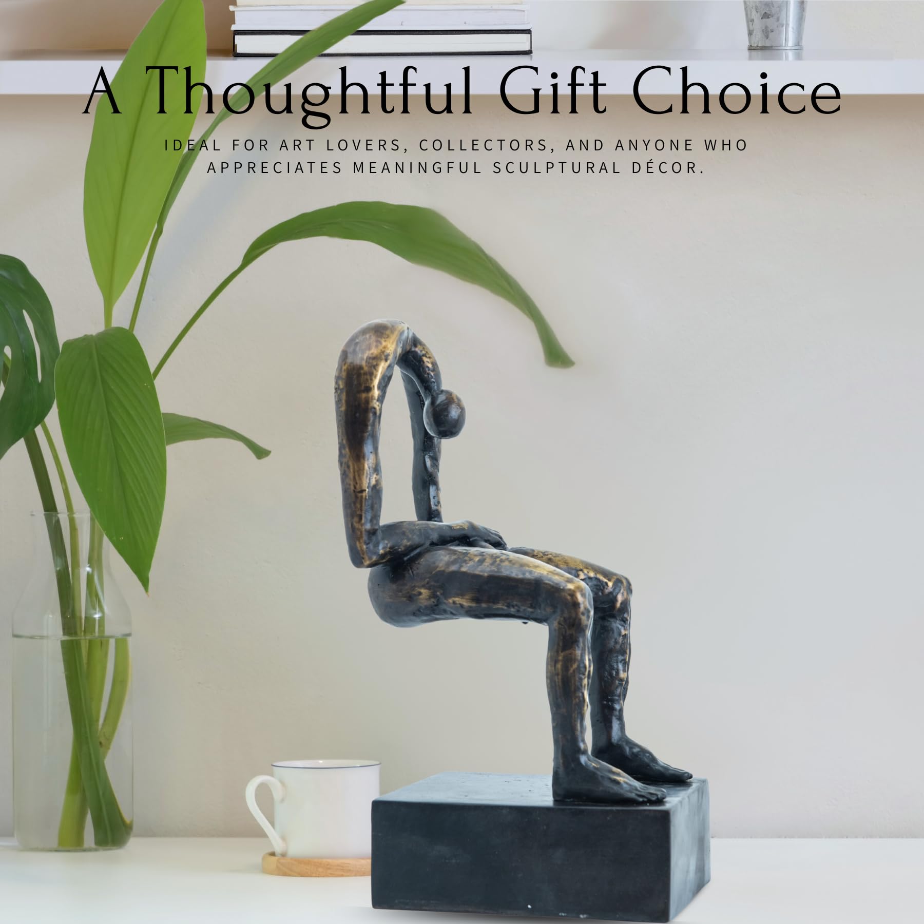 Albert György melancholy man bronze sculpture thoughtful gift choice beside plants display