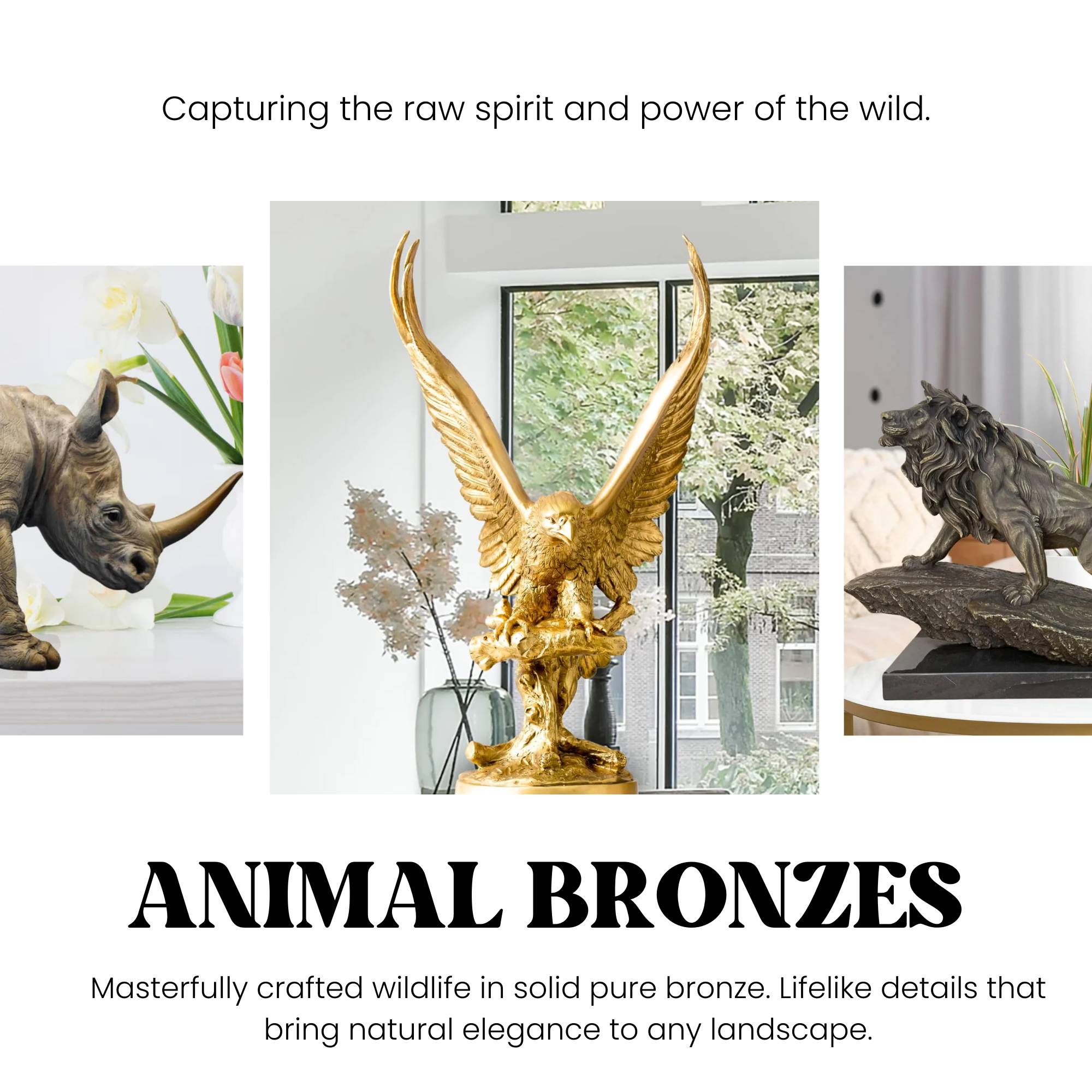 Fine art animal bronzes featuring a golden eagle, a realistic rhino, and a powerful lion on a marble base.
