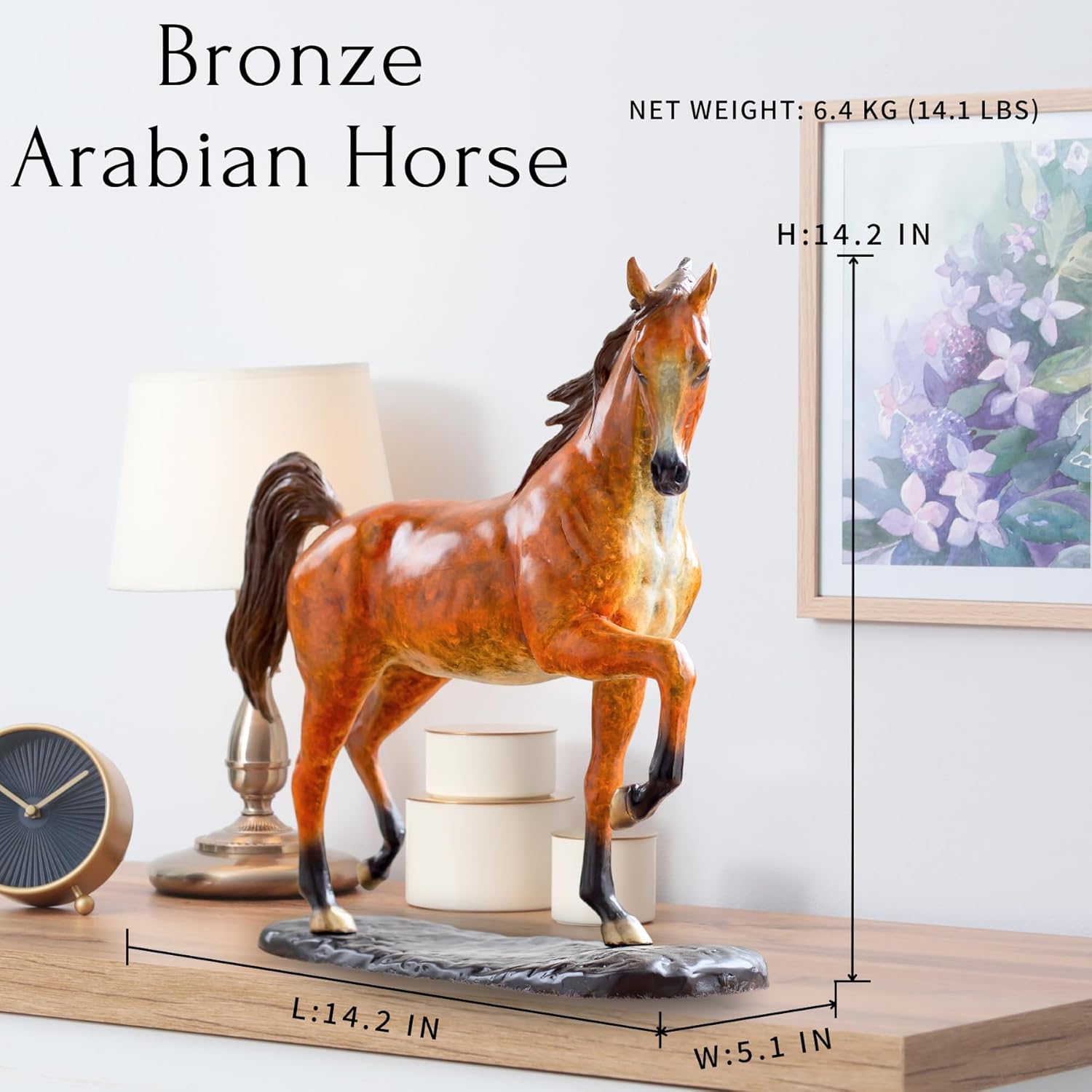 Bronze Arabian Horse sculpture feature card displayed on shelf with framed wall art behind
