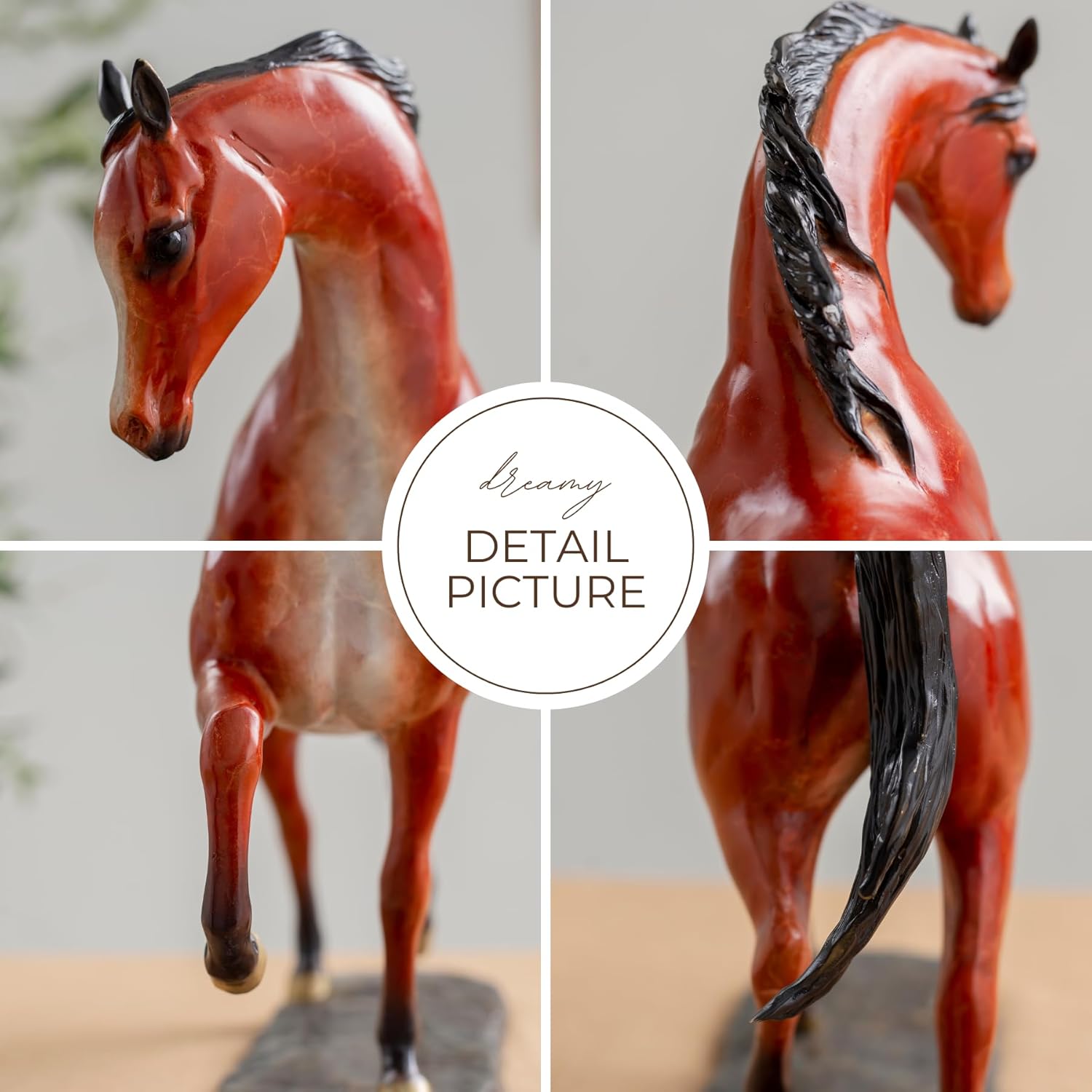 Arabian horse bronze sculpture detail picture collage showing close-up of head and mane