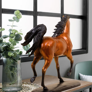Chestnut amber Arabian stallion bronze sculpture displayed beside window in natural light setting