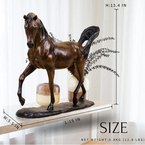 Antique chestnut Arabian stallion bronze sculpture size chart shown on shelf beside curtain window